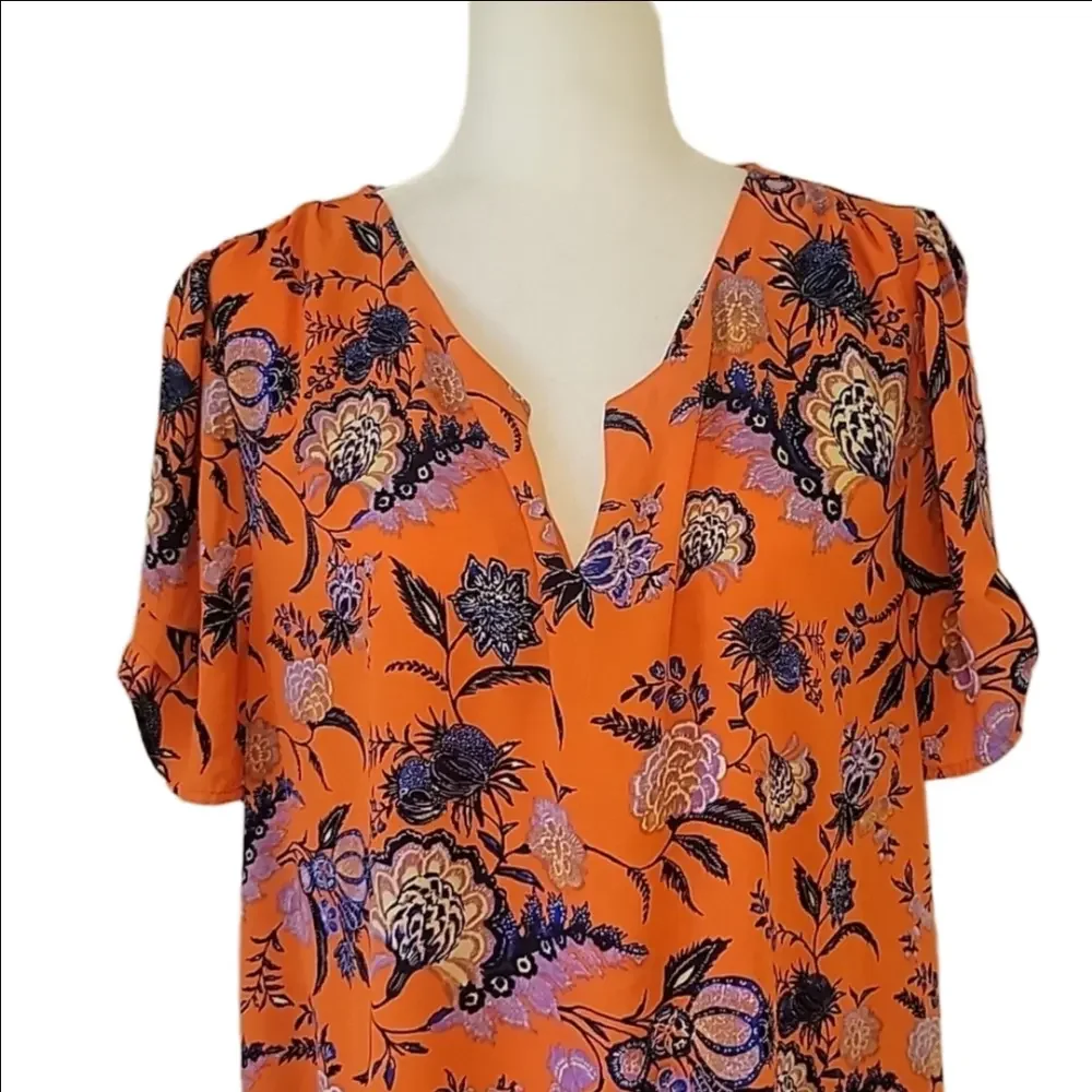 Dr2 XXL orange and blue floral short sleeve tunic blouse top - Picture 3 of 8